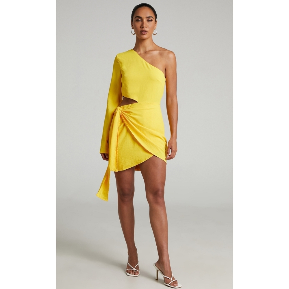 Runaway The Label Ava One Shoulder Mini Dress Size Large/US 8 Color Yellow NWT